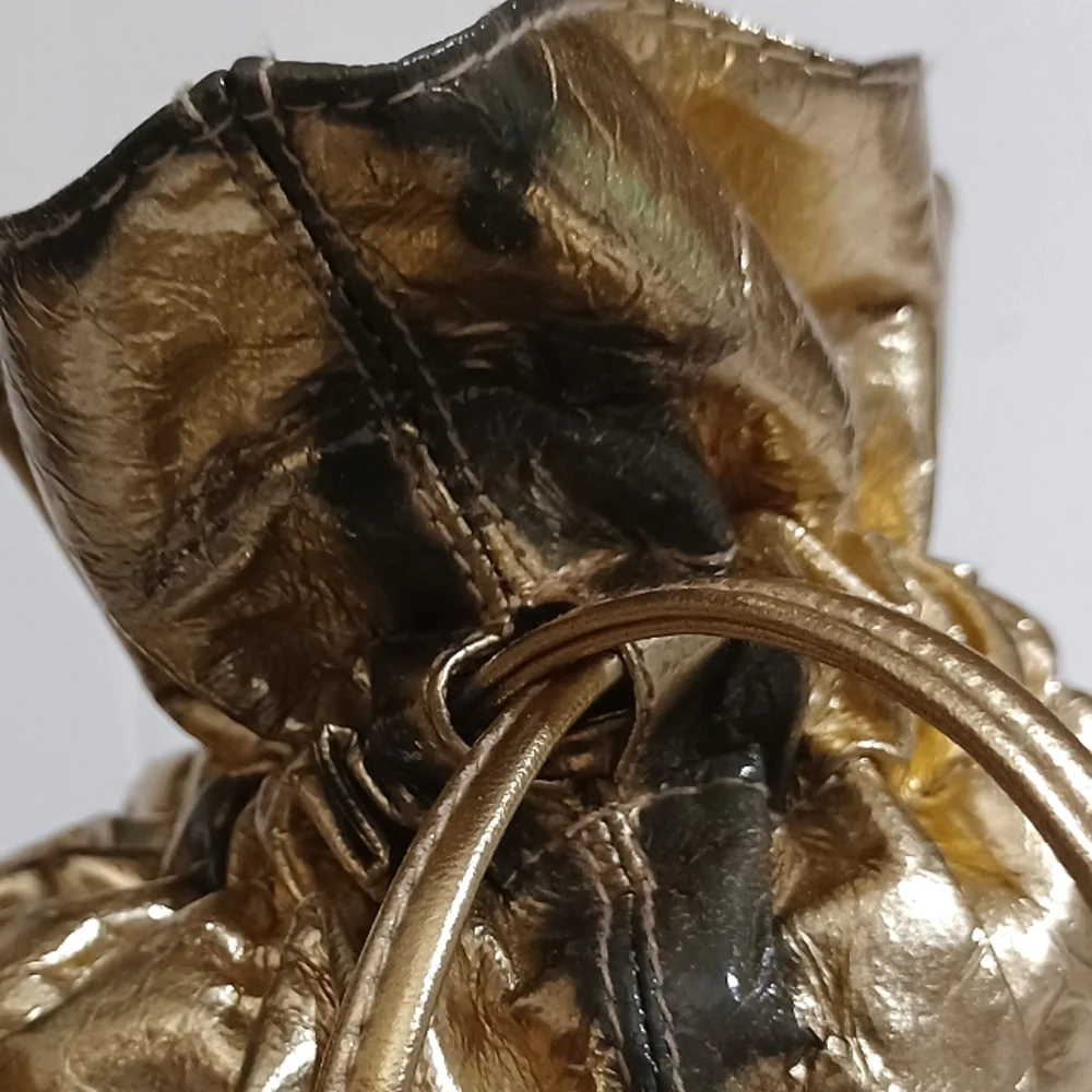 VINTAGE Metallic Drawstring Metal Frame Caged Bucket Shoulder Bag GUC - Picture 3 of 8